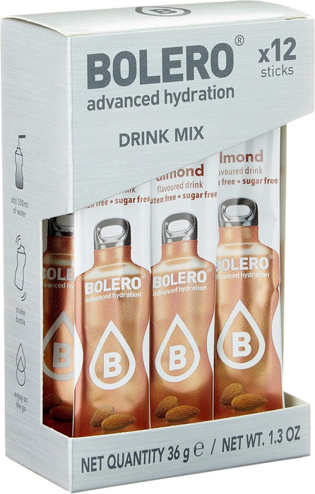 Bolero Sticks Sabor Almendra, Caja de 12x3g. Bebida instantánea sin azúcar, baja en calorías y con Stevia para una hidratación avanzada con un delicioso y único sabor. Bolero - lateral