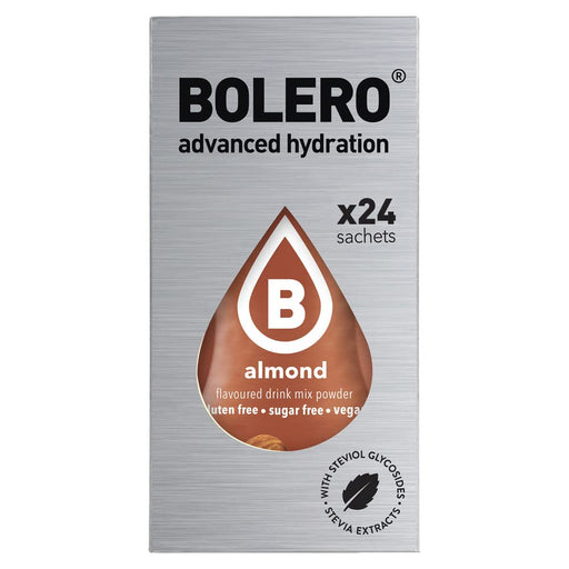 Bolero Sticks Sabor Almendra, Caja de 24x3g. Bebida en polvo soluble sin azúcar, con Stevia y Vitaminas. Ideal para llevar, sin gluten, sin lactosa y bajo en calorías. Bolero - frontal
