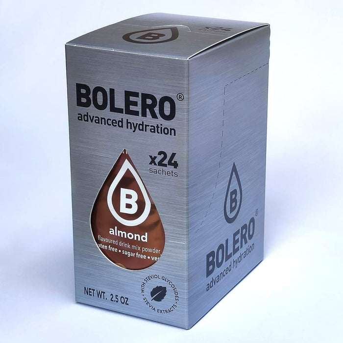 Bolero Sticks Sabor Almendra, Caja de 24x3g. Bebida en polvo soluble sin azúcar, con Stevia y Vitaminas. Ideal para llevar, sin gluten, sin lactosa y bajo en calorías. Bolero - presentacion