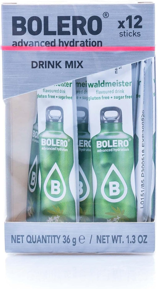 Bolero Sticks Sabor Aspérula, caja de 12 sobres de 3g. Bebida instantánea para preparar un refresco sin azúcar, con Stevia, Vitamina C y sin calorías, ideal para llevar. Bolero - pack