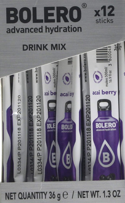 Bolero Sticks Sabor Bayas de Açaí, Caja de 12x3g. Bebida instantánea sin azúcar con Stevia y Vitamina C, un refresco antioxidante para una hidratación avanzada. Bolero - uso