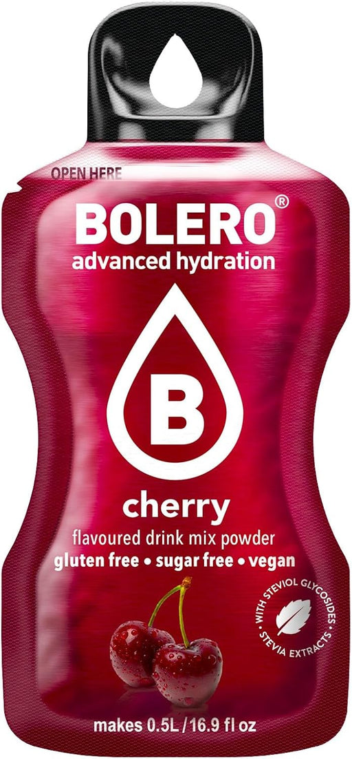 Bolero Sticks Sabor Cereza, Caja de 12x3g. Bebida instantánea en polvo sin azúcar, baja en calorías y con Stevia para una hidratación refrescante y saludable. Bolero - pack