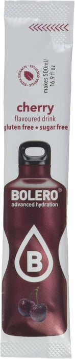 Bolero Sticks Sabor Cereza, Caja de 12x3g. Bebida instantánea en polvo sin azúcar, baja en calorías y con Stevia para una hidratación refrescante y saludable. Bolero - presentacion