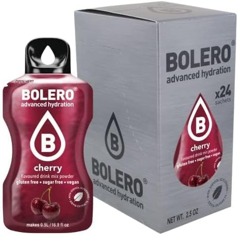Bolero Sticks Sabor Cereza, Caja de 24x3g. Bebida en polvo individual sin azúcar y con Stevia, ideal para tu botella de agua y para llevar a cualquier parte. Bolero - frontal