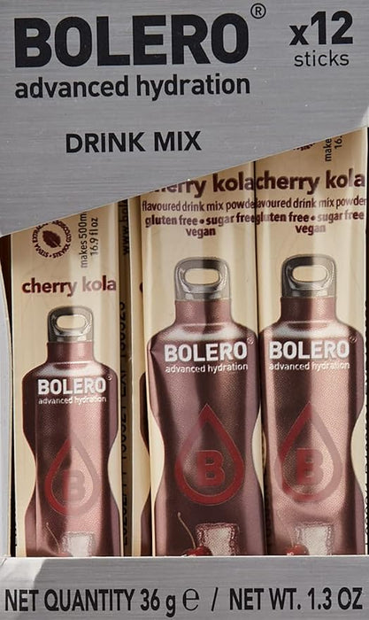 Bolero Sticks Sabor Cereza y Cola, Caja de 12x3g. Bebida instantánea sin azúcar, baja en calorías y con Stevia para una hidratación avanzada con un delicioso sabor. Bolero - extra