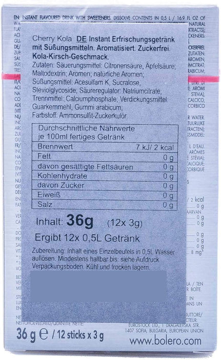Bolero Sticks Sabor Cereza y Cola, Caja de 12x3g. Bebida instantánea sin azúcar, baja en calorías y con Stevia para una hidratación avanzada con un delicioso sabor. Bolero - ingredientes