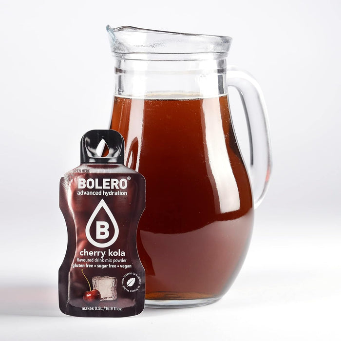 Bolero Sticks Sabor Cereza y Cola, Caja de 24x3g. Bebida en polvo soluble sin azúcar, con Stevia. Ideal para llevar, sin gluten, sin lactosa y bajo en calorías. Bolero - detalle