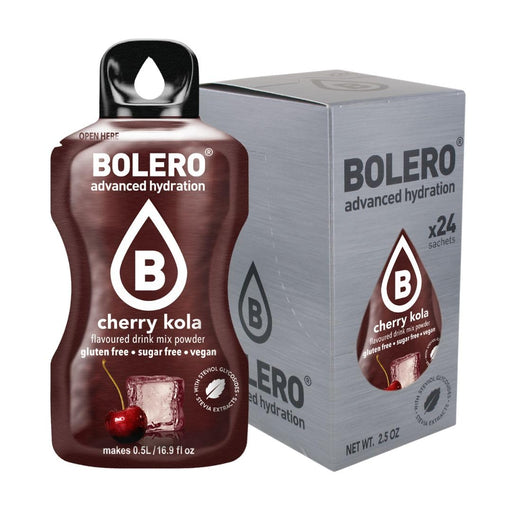 Bolero Sticks Sabor Cereza y Cola, Caja de 24x3g. Bebida en polvo soluble sin azúcar, con Stevia. Ideal para llevar, sin gluten, sin lactosa y bajo en calorías. Bolero - frontal
