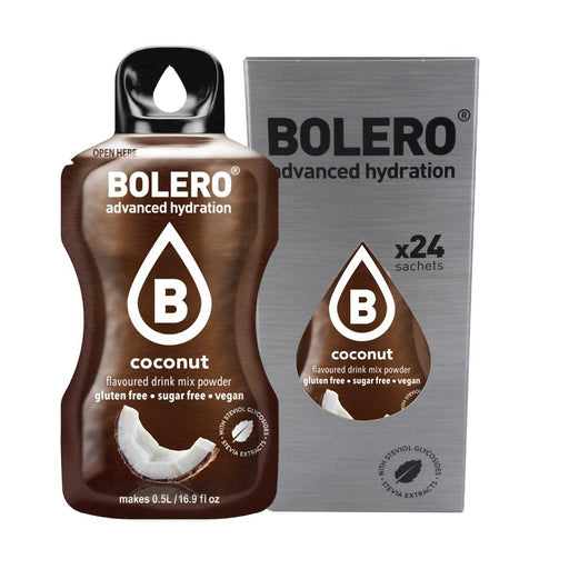 Bolero Sticks Sabor Coco, 24 bolsitas de 3g. Formato para llevar de bebida en polvo soluble, sin azúcar, baja en calorías y endulzada con Stevia. Bolero - frontal