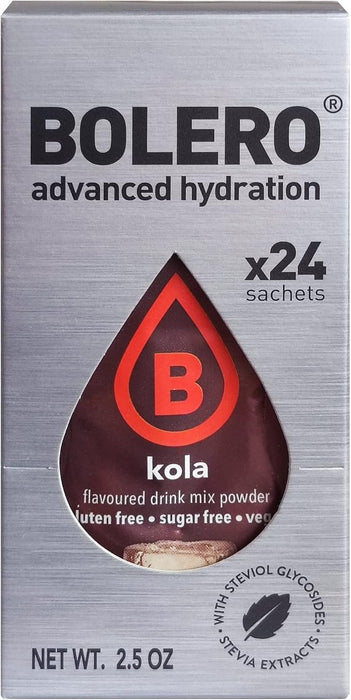 Bolero Sticks Sabor Cola, Caja de 24 bolsitas de 3g. Formato para llevar de bebida en polvo soluble, sin azúcar, baja en calorías y endulzada con Stevia. Bolero - frontal