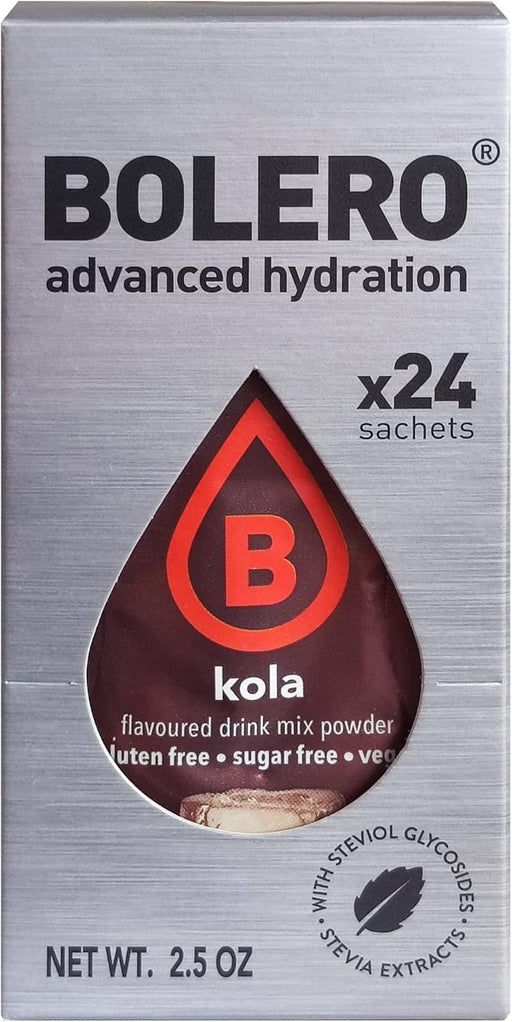 Bolero Sticks Sabor Cola, Caja de 24 bolsitas de 3g. Formato para llevar de bebida en polvo soluble, sin azúcar, baja en calorías y endulzada con Stevia. Bolero - frontal