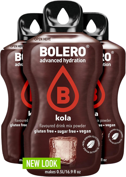 Bolero Sticks Sabor Cola, Caja de 24 bolsitas de 3g. Formato para llevar de bebida en polvo soluble, sin azúcar, baja en calorías y endulzada con Stevia. Bolero - ingredientes