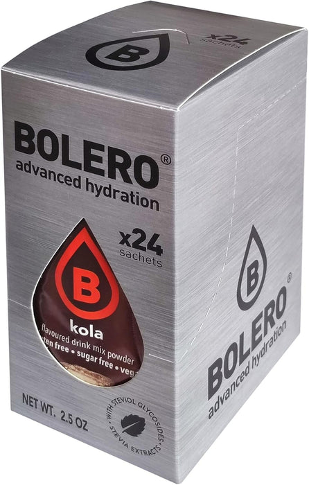 Bolero Sticks Sabor Cola, Caja de 24 bolsitas de 3g. Formato para llevar de bebida en polvo soluble, sin azúcar, baja en calorías y endulzada con Stevia. Bolero - lateral