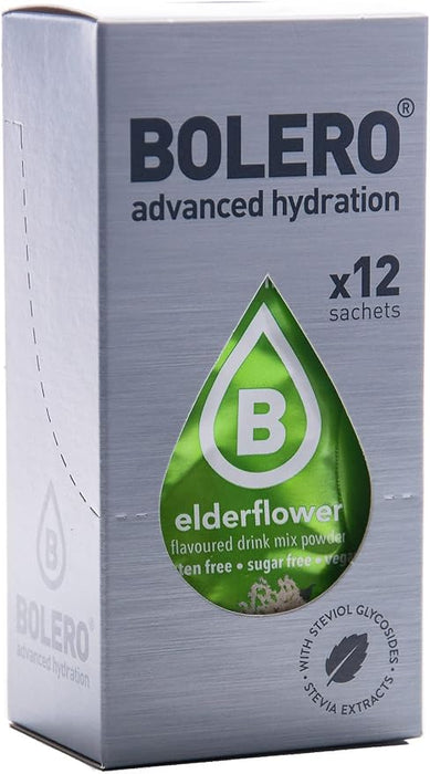 Bolero Sticks Sabor Flor de Saúco, Caja de 12x3g. Bebida en polvo sin azúcar, baja en calorías y con Stevia para una hidratación avanzada con un delicioso y único sabor floral. Bolero - frontal
