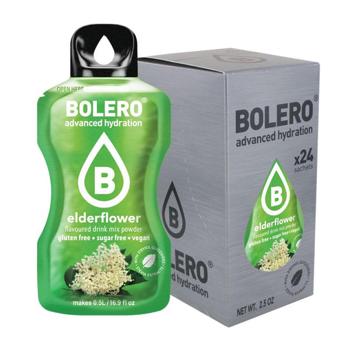 Bolero Sticks Sabor Flor de Saúco, Caja de 24x3g. Bebida en polvo sin azúcar para llevar, con Stevia y Vitaminas. Ideal para niños, deportistas y veganos, sin gluten y bajo en calorías. Bolero - frontal