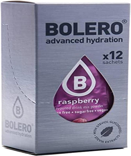 Bolero Sticks Sabor Frambuesa, Caja de 12x3g. Bebida instantánea en polvo sin azúcar, baja en calorías y con Stevia para una hidratación refrescante y saludable. Bolero - frontal