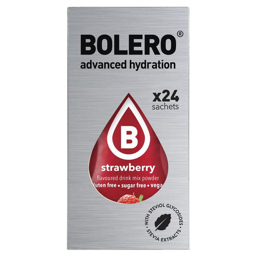 Bolero Sticks Sabor Fresa, 24 bolsitas de 3g. Formato para llevar de bebida soluble, sin azúcar, baja en calorías, sin lactosa y endulzada con Stevia. Bolero - frontal