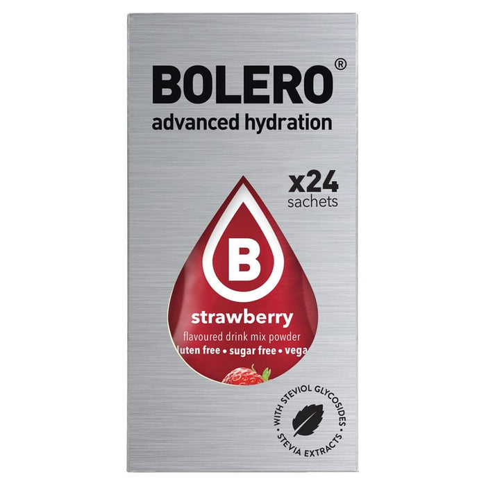 Bolero Sticks Sabor Fresa, 24 bolsitas de 3g. Formato para llevar de bebida soluble, sin azúcar, baja en calorías, sin lactosa y endulzada con Stevia. Bolero - frontal