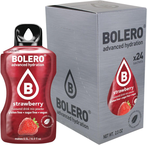 Bolero Sticks Sabor Fresa, 24 bolsitas de 3g. Formato para llevar de bebida soluble, sin azúcar, baja en calorías, sin lactosa y endulzada con Stevia. Bolero - pack