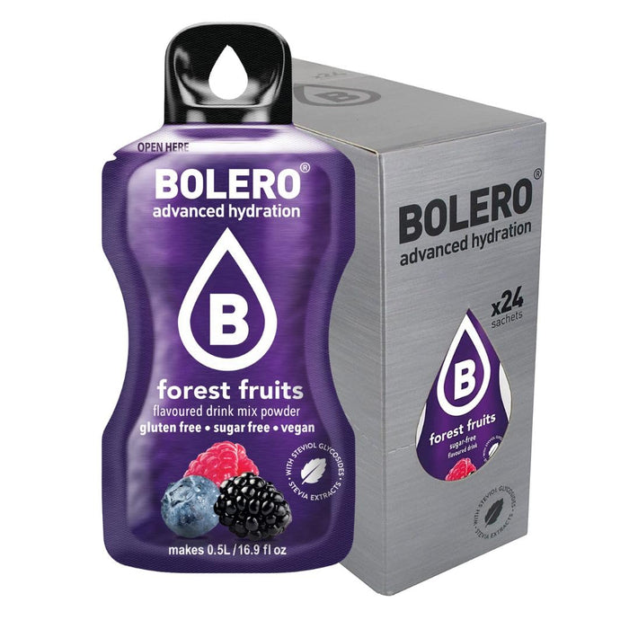 Bolero Sticks Sabor Frutas del Bosque, 24x3g. Bebida instantánea para llevar sin azúcar, baja en calorías, sin gluten, sin lactosa y con Stevia. Bolero - frontal