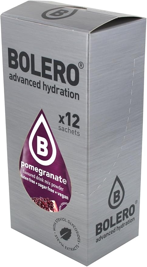 Bolero Sticks Sabor Granada, Caja de 12x3g. Bebida en polvo sin azúcar, baja en calorías y con Stevia para una hidratación refrescante y saludable. Bolero - frontal