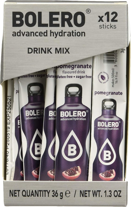 Bolero Sticks Sabor Granada, Caja de 12x3g. Bebida en polvo sin azúcar, baja en calorías y con Stevia para una hidratación refrescante y saludable. Bolero - uso