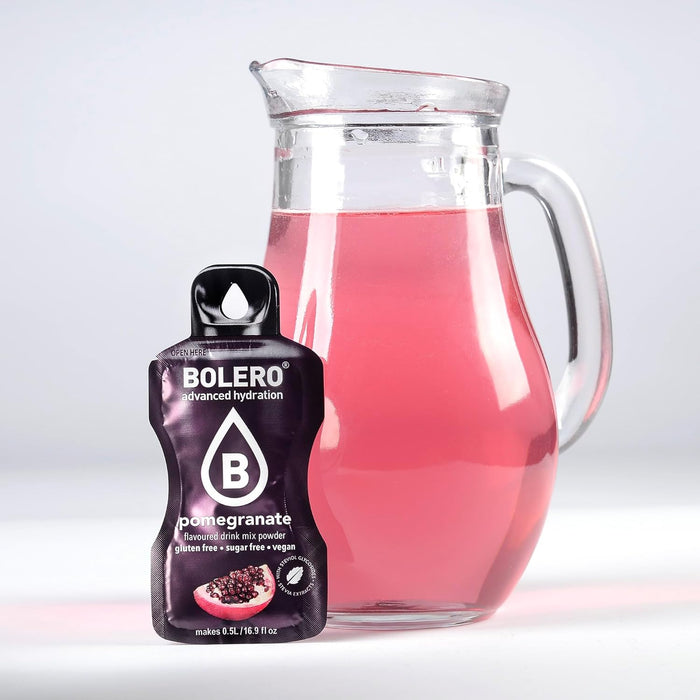 Bolero Sticks Sabor Granada, Caja de 24x3g. Bebida en polvo soluble sin azúcar, con Stevia y Vitaminas. Ideal para llevar, sin gluten, sin lactosa y bajo en calorías. Bolero - detalle
