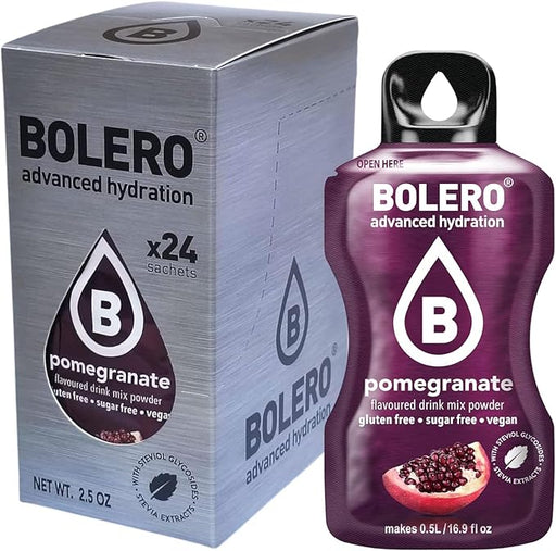 Bolero Sticks Sabor Granada, Caja de 24x3g. Bebida en polvo soluble sin azúcar, con Stevia y Vitaminas. Ideal para llevar, sin gluten, sin lactosa y bajo en calorías. Bolero - frontal