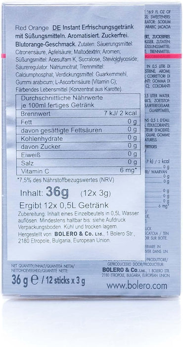 Bolero Sticks Sabor Grosella Negra, Caja de 12x3g. Bebida en polvo sin azúcar, baja en calorías y con Stevia para una hidratación refrescante y saludable. Bolero - ingredientes