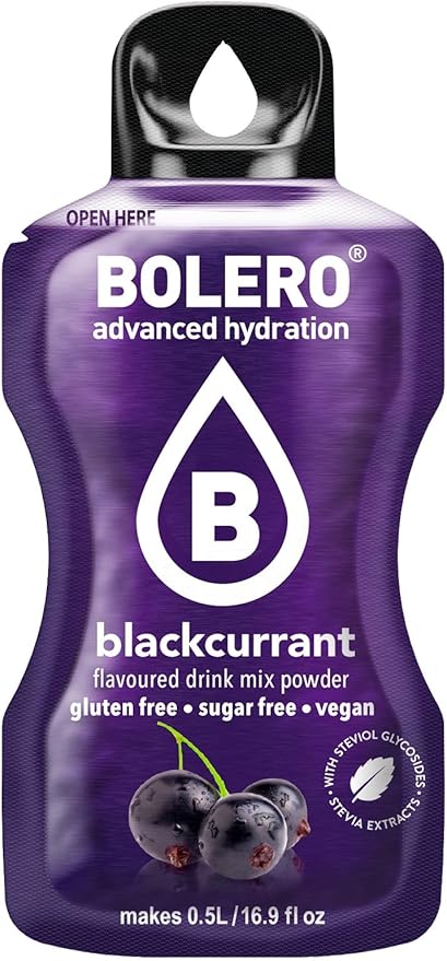 Bolero Sticks Sabor Grosella Negra, Caja de 12x3g. Bebida instantánea en polvo sin azúcar, baja en calorías y con Stevia para una hidratación refrescante y saludable. Bolero - frontal