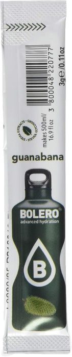 Bolero Sticks Sabor Guanábana, Caja de 12x3g. Bebida instantánea sin azúcar, baja en calorías y con Stevia para una hidratación avanzada con un delicioso toque tropical. Bolero - detalle