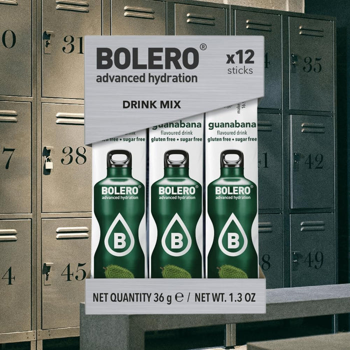 Bolero Sticks Sabor Guanábana, Caja de 12x3g. Bebida instantánea sin azúcar, baja en calorías y con Stevia para una hidratación avanzada con un delicioso toque tropical. Bolero - extra