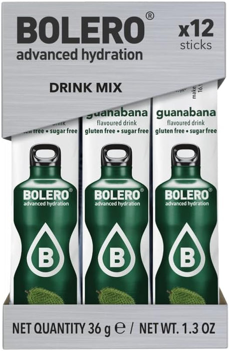 Bolero Sticks Sabor Guanábana, Caja de 12x3g. Bebida instantánea sin azúcar, baja en calorías y con Stevia para una hidratación avanzada con un delicioso toque tropical. Bolero - frontal