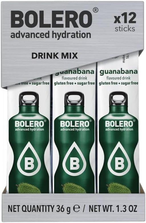 Bolero Sticks Sabor Guanábana, Caja de 12x3g. Bebida instantánea sin azúcar, baja en calorías y con Stevia para una hidratación avanzada con un delicioso toque tropical. Bolero - frontal