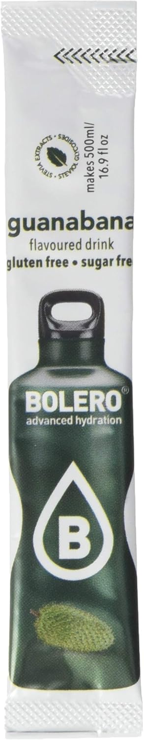 Bolero Sticks Sabor Guanábana, Caja de 12x3g. Bebida instantánea sin azúcar, baja en calorías y con Stevia para una hidratación avanzada con un delicioso toque tropical. Bolero - pack