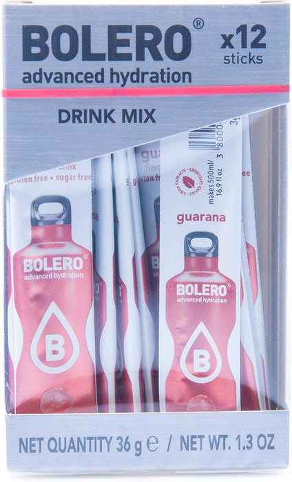 Bolero Sticks Sabor Guaraná, Caja de 12x3g. Bebida instantánea sin azúcar, baja en calorías y con Stevia para una hidratación avanzada con un delicioso sabor. Bolero - pack
