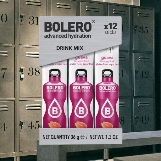 Bolero Sticks Sabor Guayaba, Caja de 12x3g. Bebida en polvo sin azúcar, baja en calorías y con Stevia para una hidratación refrescante y saludable. Bolero - pack