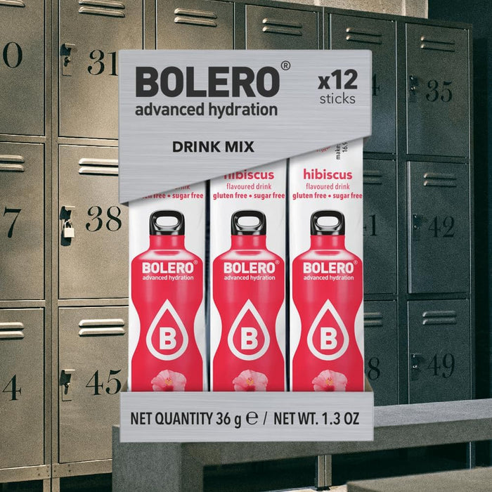 Bolero Sticks Sabor Hibisco, Caja de 12x3g. Bebida en polvo sin azúcar, baja en calorías y con Stevia para una hidratación avanzada con un delicioso y único sabor floral. Bolero - extra