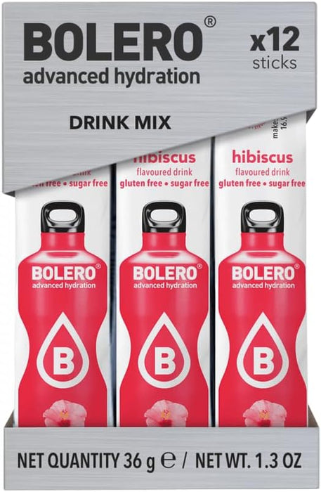 Bolero Sticks Sabor Hibisco, Caja de 12x3g. Bebida en polvo sin azúcar, baja en calorías y con Stevia para una hidratación avanzada con un delicioso y único sabor floral. Bolero - frontal