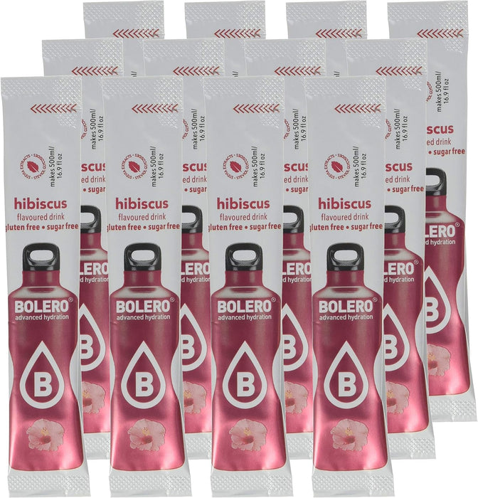 Bolero Sticks Sabor Hibisco, Caja de 12x3g. Bebida en polvo sin azúcar, baja en calorías y con Stevia para una hidratación avanzada con un delicioso y único sabor floral. Bolero - ingredientes