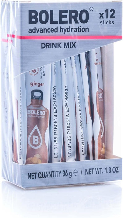 Bolero Sticks Sabor Jengibre, Caja de 12x3g. Bebida instantánea sin azúcar, baja en calorías y con Stevia para una hidratación avanzada con un delicioso y único sabor. Bolero - lateral
