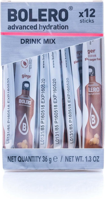 Bolero Sticks Sabor Jengibre, Caja de 12x3g. Bebida instantánea sin azúcar, baja en calorías y con Stevia para una hidratación avanzada con un delicioso y único sabor. Bolero - presentacion