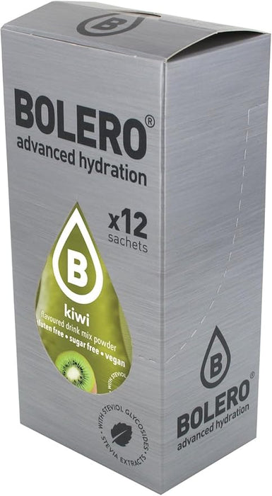 Bolero Sticks Sabor Kiwi, Caja de 12x3g. Bebida instantánea en polvo sin azúcar, baja en calorías y con Stevia para una hidratación refrescante y saludable. Bolero - frontal