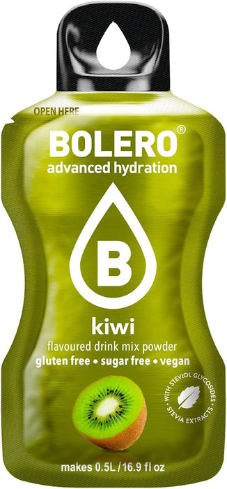 Bolero Sticks Sabor Kiwi, Caja de 12x3g. Bebida instantánea en polvo sin azúcar, baja en calorías y con Stevia para una hidratación refrescante y saludable. Bolero - lateral
