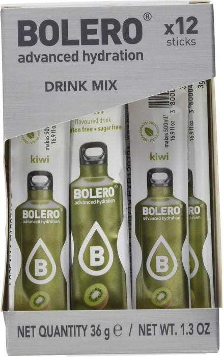Bolero Sticks Sabor Kiwi, Caja de 12x3g. Bebida instantánea en polvo sin azúcar, baja en calorías y con Stevia para una hidratación refrescante y saludable. Bolero - presentacion