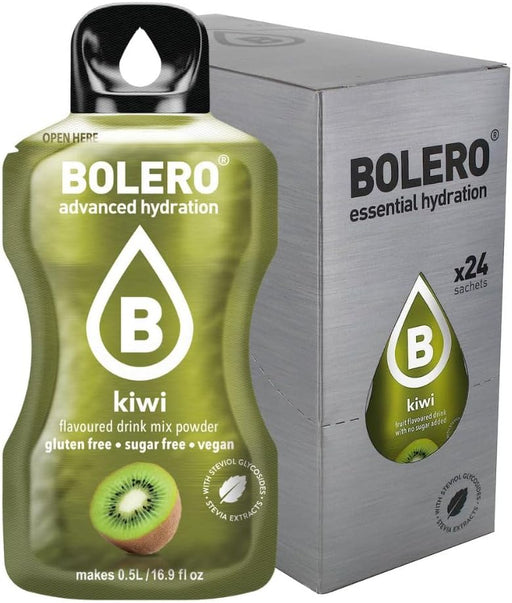 Bolero Sticks Sabor Kiwi, Caja de 24x3g. Bebida en polvo soluble sin azúcar, con Stevia y Vitaminas. Ideal para llevar, sin gluten, sin lactosa y bajo en calorías. Bolero - frontal