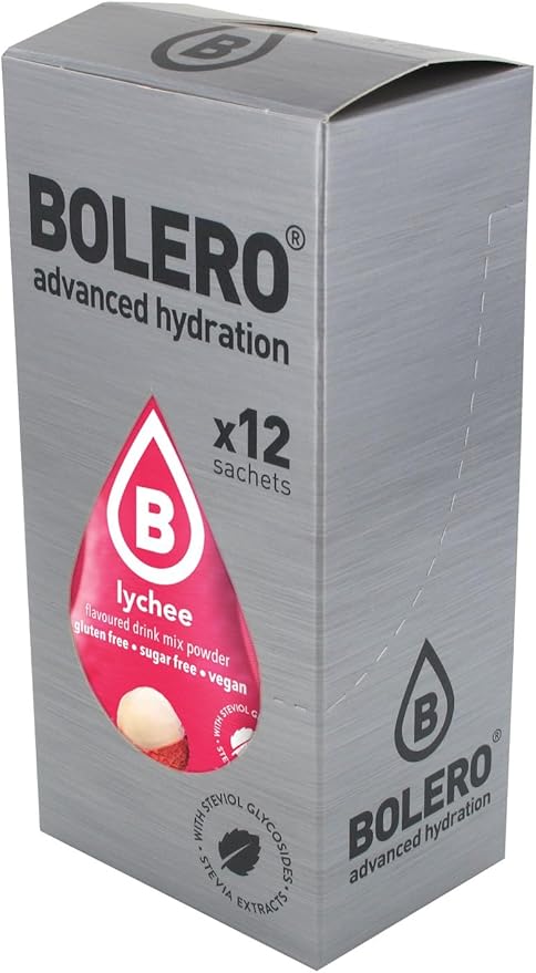 Bolero Sticks Sabor Lichi, Caja de 12x3g. Bebida en polvo sin azúcar, baja en calorías y con Stevia para una hidratación refrescante y saludable. Bolero - frontal