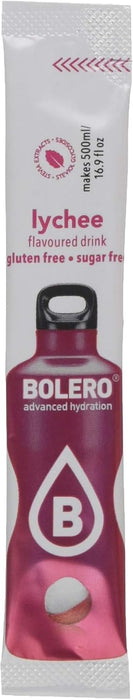 Bolero Sticks Sabor Lichi, Caja de 12x3g. Bebida en polvo sin azúcar, baja en calorías y con Stevia para una hidratación refrescante y saludable. Bolero - lateral