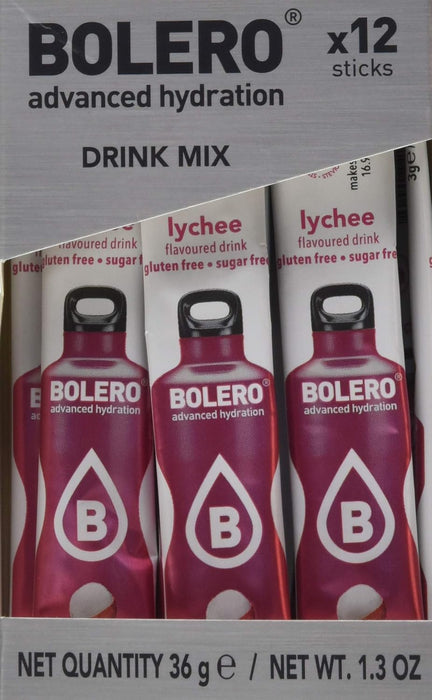 Bolero Sticks Sabor Lichi, Caja de 12x3g. Bebida en polvo sin azúcar, baja en calorías y con Stevia para una hidratación refrescante y saludable. Bolero - presentacion