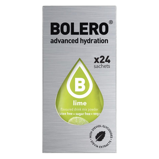 Bolero Sticks Sabor Lima, Caja de 24x3g. Bebida en polvo soluble sin azúcar, con Stevia y Vitaminas. Ideal para llevar, sin gluten, sin lactosa y bajo en calorías. Bolero - frontal